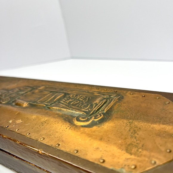 Vintage Handmade Wooden Pencil Box With Copper Bas-Relief Design Truck Transport - Picture 3 of 13
